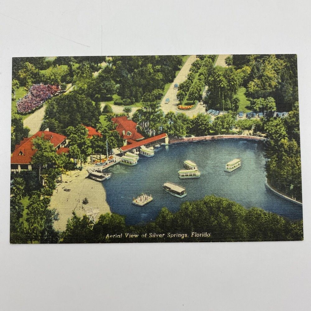 Vintage Silver Springs Florida Postcard Unposted‎ Ariel View Lake Boats Linen FL